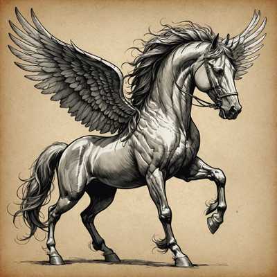 Das Bild zeigt eine detaillierte Skizze eines majestätischen Pegasus in einer dynamischen Pose. Das Pferd wirkt kraftvoll mit gut definierten Muskeln und großen, kunstvoll ausgearbeiteten Flügeln. Die fließende Mähne verleiht der Darstellung eine besondere Dynamik. Der Hintergrund besteht aus strukturiertem, gealtertem Papier, das das klassische Gefühl des Kunstwerks verstärkt.