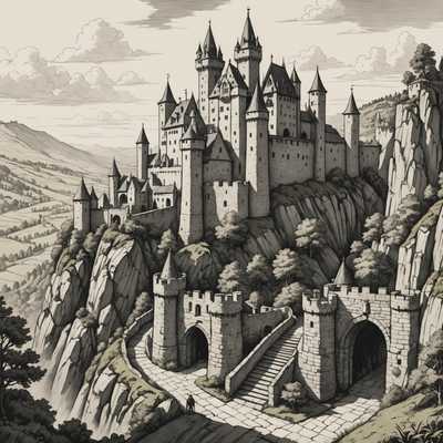 Diese detaillierte schwarz-weiße Illustration zeigt eine große, komplexe mittelalterliche Burg, die majestätisch auf einem steilen Felsen thront. Die Burg ist mit zahlreichen spitzen Türmen und Zinnen ausgestattet und wird von dichten Baumgruppen und felsigem Gelände umgeben. Ein gewundener Steinpfad führt zu einem massiven Tor mit zwei türmchenartigen Zinnen. Die Landschaft erstreckt sich über sanfte Hügel und weit entfernte Felder, während der Himmel mit vereinzelten Wolkenbildern geschmückt ist.
