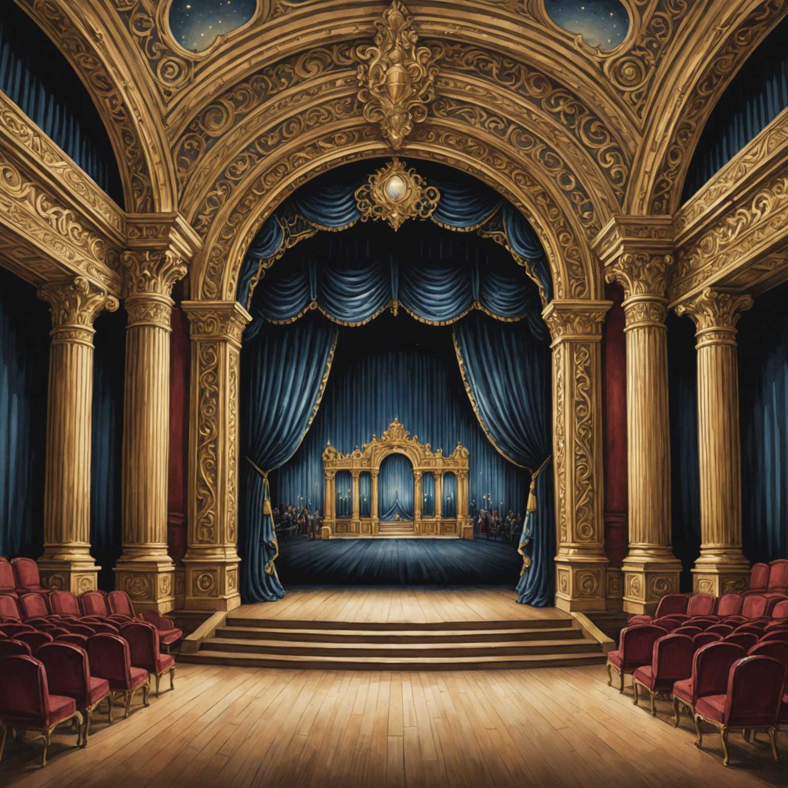 Dieses beeindruckende Bild zeigt das Innere eines prunkvollen Theaters, das durch seine luxuriöse Bühne hervorsticht. Diese ist mit reichhaltigen, tiefblauen Vorhängen dekoriert und von aufwendigen goldenen architektonischen Details umrahmt. Auf beiden Seiten sind prachtvolle, kunstvoll verzierte Bögen und Säulen zu sehen. Im Zentrum befindet sich ein markanter, goldener Rahmenbogen, der die Bühne eindrucksvoll akzentuiert. Die Sitzplätze bestehen aus Reihen von plüschigen, roten Samtstühlen, die zusammen mit dem Holzboden eine warme Atmosphäre schaffen. Im Hintergrund sind einige Gestalten des Publikums wahrnehmbar, die der Szene eine erwartungsvolle und grandiose Stimmung verleihen.
