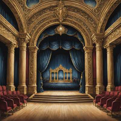Dieses beeindruckende Bild zeigt das Innere eines prunkvollen Theaters, das durch seine luxuriöse Bühne hervorsticht. Diese ist mit reichhaltigen, tiefblauen Vorhängen dekoriert und von aufwendigen goldenen architektonischen Details umrahmt. Auf beiden Seiten sind prachtvolle, kunstvoll verzierte Bögen und Säulen zu sehen. Im Zentrum befindet sich ein markanter, goldener Rahmenbogen, der die Bühne eindrucksvoll akzentuiert. Die Sitzplätze bestehen aus Reihen von plüschigen, roten Samtstühlen, die zusammen mit dem Holzboden eine warme Atmosphäre schaffen. Im Hintergrund sind einige Gestalten des Publikums wahrnehmbar, die der Szene eine erwartungsvolle und grandiose Stimmung verleihen.