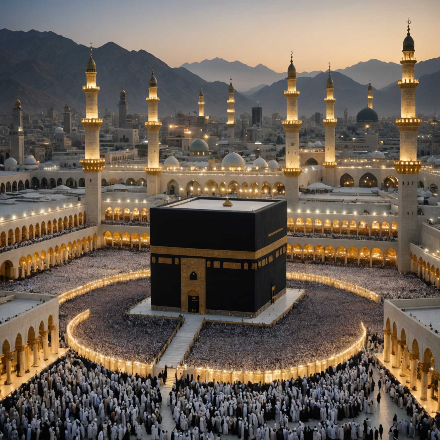 Die Szene zeigt den weitläufigen Innenhof der Kaaba, dem zentralen Heiligtum des Islams, welcher von einer Vielzahl Pilgern, gekleidet in weiße Gewänder, umkreist wird. Umgeben wird der Innenhof von kunstvoll verzierten Bögen und hohen Minaretten, die ein eindrucksvolles architektonisches Gesamtbild schaffen. Der Sonnenuntergang taucht die gesamte Szenerie in ein warmes, goldenes Licht, welches die spirituelle Atmosphäre betont. Im Hintergrund erheben sich schattige Berge unter einem leicht diesigen Himmel, die dem Bild zusätzliche Tiefe verleihen.