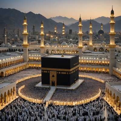 Die Szene zeigt den weitläufigen Innenhof der Kaaba, dem zentralen Heiligtum des Islams, welcher von einer Vielzahl Pilgern, gekleidet in weiße Gewänder, umkreist wird. Umgeben wird der Innenhof von kunstvoll verzierten Bögen und hohen Minaretten, die ein eindrucksvolles architektonisches Gesamtbild schaffen. Der Sonnenuntergang taucht die gesamte Szenerie in ein warmes, goldenes Licht, welches die spirituelle Atmosphäre betont. Im Hintergrund erheben sich schattige Berge unter einem leicht diesigen Himmel, die dem Bild zusätzliche Tiefe verleihen.