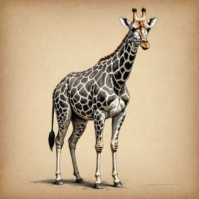 Dieses Bild zeigt eine detailgetreue und kunstvoll gestaltete Illustration einer Giraffe. Die Giraffe präsentiert ein auffälliges Muster aus weißen und dunkelbraunen Flecken, das sich über ihren gesamten Körper erstreckt. Auf einem schlichten, beigen Hintergrund stehend, streckt sie ihren langen Hals nach oben, auf dem ein kleiner Mähnenkamm zu sehen ist. Das Gesicht der Giraffe ist mit markanten Augen und Ohren sehr detailliert dargestellt. Die schlanken Beine der Giraffe sind elegant positioniert, was ihre Anmut zusätzlich unterstreicht. Die Gesamtkomposition ist realistisch gehalten, jedoch mit einem leicht künstlerischen Stil versehen, der dem Bild eine besondere Ästhetik verleiht.