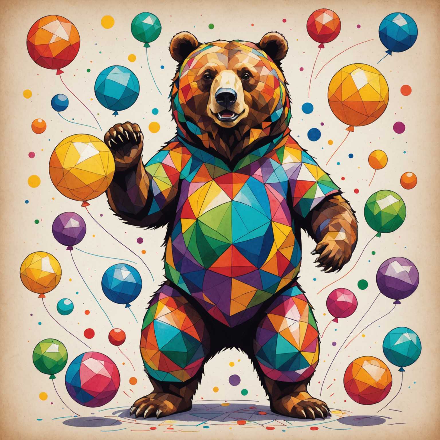 Das Bild zeigt einen Bären, der aus bunten geometrischen Formen zusammengesetzt ist. Der Bär steht aufrecht und winkt, wobei sein Körper in einem Mosaik aus Dreiecken und Polygonen gestaltet ist. Diese schillernden Farben umfassen Blau, Rot, Orange, Grün und Gelb und verleihen dem Bären ein lebhaftes und fröhliches Aussehen. Um den Bären herum schweben Luftballons, die ebenfalls mit geometrischen Mustern in ähnlichen Farben gestaltet sind, was die festliche und lebendige Atmosphäre unterstreicht. Der Hintergrund ist schlicht gehalten, wodurch die Farbenpracht von Bär und Ballons besonders zur Geltung kommt.
