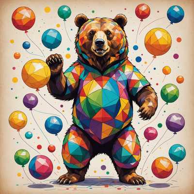 Das Bild zeigt einen Bären, der aus bunten geometrischen Formen zusammengesetzt ist. Der Bär steht aufrecht und winkt, wobei sein Körper in einem Mosaik aus Dreiecken und Polygonen gestaltet ist. Diese schillernden Farben umfassen Blau, Rot, Orange, Grün und Gelb und verleihen dem Bären ein lebhaftes und fröhliches Aussehen. Um den Bären herum schweben Luftballons, die ebenfalls mit geometrischen Mustern in ähnlichen Farben gestaltet sind, was die festliche und lebendige Atmosphäre unterstreicht. Der Hintergrund ist schlicht gehalten, wodurch die Farbenpracht von Bär und Ballons besonders zur Geltung kommt.