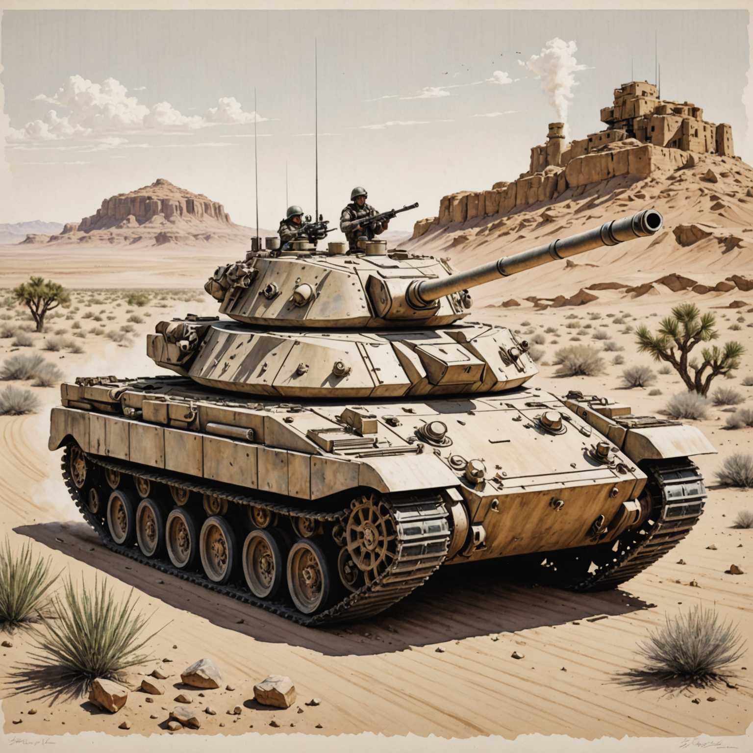 Die detaillierte Darstellung zeigt einen großen und robusten Panzer in einer Wüstenlandschaft. Auf dem Panzer sind zwei Soldaten zu sehen; einer hält ein Fernglas, während der andere ein Gewehr trägt. Die Umgebung ist geprägt von felsigem Wüstenboden mit vereinzelten Büschen und im Hintergrund erheben sich ferne Berge. Auf einem Hügel steht eine festungsartige Struktur. Der Himmel ist klar mit einigen Wolken. Die Szene vermittelt ein Gefühl von militärischer Einsatzbereitschaft in einem trockenen, unwirtlichen Gebiet.