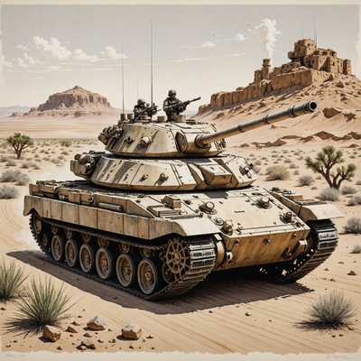 Die detaillierte Darstellung zeigt einen großen und robusten Panzer in einer Wüstenlandschaft. Auf dem Panzer sind zwei Soldaten zu sehen; einer hält ein Fernglas, während der andere ein Gewehr trägt. Die Umgebung ist geprägt von felsigem Wüstenboden mit vereinzelten Büschen und im Hintergrund erheben sich ferne Berge. Auf einem Hügel steht eine festungsartige Struktur. Der Himmel ist klar mit einigen Wolken. Die Szene vermittelt ein Gefühl von militärischer Einsatzbereitschaft in einem trockenen, unwirtlichen Gebiet.