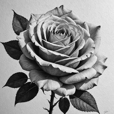 Diese detaillierte Graustufen-Illustration zeigt eine einzelne Rose auf einem strukturierten weißen Hintergrund. Die Rose befindet sich in voller Blüte und ihre vielschichtigen Blütenblätter sind kunstvoll schattiert, um Tiefe und Detailreichtum zu zeigen. Die Blütenblätter haben ein samtartiges Aussehen mit subtilen Abstufungen von einem helleren Zentrum zu dunkleren Rändern. Die Rose besitzt einen dornigen Stiel und fünf sichtbare dunkle Blätter, die jeweils gezackte Ränder und detaillierte Blattadern aufweisen. Das Licht betont die Weichheit der Blütenblätter und hebt die Textur der Blätter und des Stiels hervor.