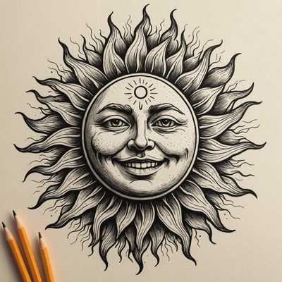 Diese detaillierte Schwarz-Weiß-Illustration zeigt eine Sonne mit einem menschlichen Gesicht, das freundlich lächelt. Die Sonnenstrahlen sind wie wellige, flammenartige Tentakel gezeichnet, die das Gesicht umgeben. Auf der Stirn des Gesichts ist ein kleines Sonnensymbol abgebildet. Neben diesem Motiv liegen auf dem Papier drei angespitzte Bleistifte, die die künstlerische Darstellung ergänzen.