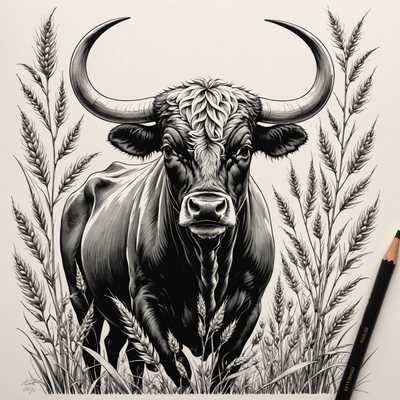 Diese kunstvolle schwarz-weiße Illustration zeigt einen mächtigen Stier mit großen, geschwungenen Hörnern, der eindrucksvoll inmitten hoher Weizenhalme steht. Die muskulöse Form des Tieres wird durch kräftige Schattierungen und detaillierte Fellmuster herausgehoben. Jeder Weizenhalm ist elegant gezeichnet, mit besonderem Augenmerk auf jedes einzelne Korn und Blatt. Unten rechts im Bild befindet sich ein Bleistift, der darauf hinweist, dass es sich um ein handgezeichnetes Kunstwerk handelt.