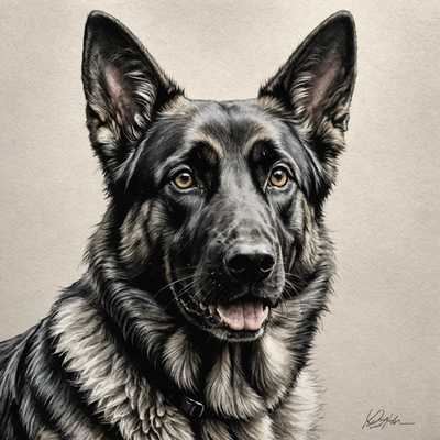 Dieses Bild zeigt ein detailliertes Porträt eines Deutschen Schäferhunds in realistischer Darstellung. Der Schäferhund hat eine konzentrierte Ausdruckskraft, mit einem Fell in Schwarz- und Grautönen, das fein ausgearbeitet ist und eine natürliche Textur aufweist. Die aufmerksamen, nach vorne gerichteten Augen und die aufgerichteten Ohren unterstreichen die wachsame Haltung des Hundes. Der leicht geöffnete Mund gibt einen Blick auf einige Zähne und die Zunge frei. Der Hund trägt ein Halsband. Der Hintergrund ist in einem schlichten, strukturierten Grauton gehalten, der das Motiv betont, ohne abzulenken.