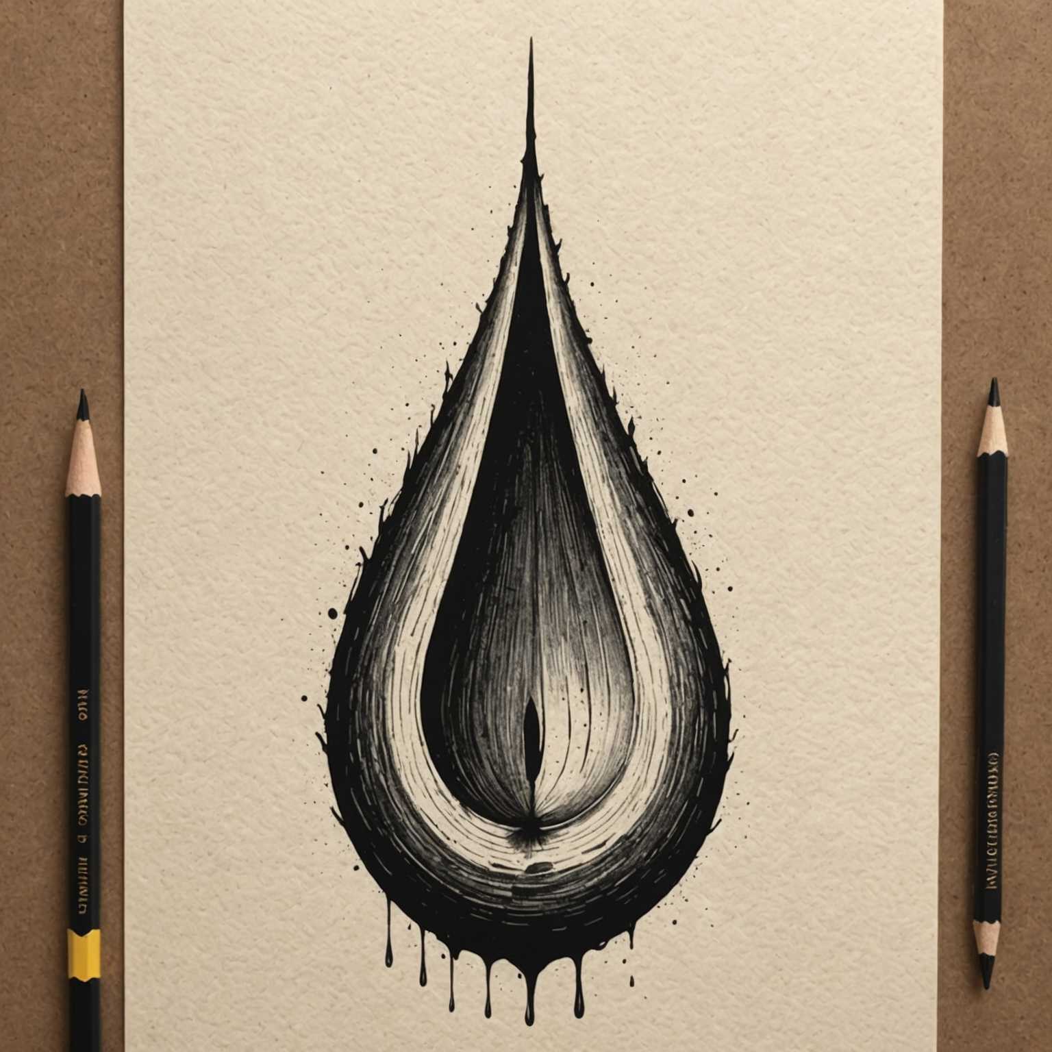 Eine Tusche-Illustration eines stilisierten, schwarzen Tropfenmotivs mit komplexen Linien und Texturen, das an eine Flamme oder einen Tropfen erinnert. Der Tropfen ist auf einem strukturierten, beigen Papier zentriert platziert. Daneben liegen zwei Bleistifte parallel auf einer Holzoberfläche, was dem Gesamtbild eine harmonische und künstlerische Anordnung verleiht.