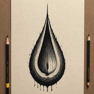 Eine Tusche-Illustration eines stilisierten, schwarzen Tropfenmotivs mit komplexen Linien und Texturen, das an eine Flamme oder einen Tropfen erinnert. Der Tropfen ist auf einem strukturierten, beigen Papier zentriert platziert. Daneben liegen zwei Bleistifte parallel auf einer Holzoberfläche, was dem Gesamtbild eine harmonische und künstlerische Anordnung verleiht.