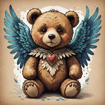 Das Bild zeigt einen niedlichen, flauschigen Teddybären, der große, detaillierte blaue Flügel besitzt. Der Bär hat einen freundlichen Gesichtsausdruck und zart rosige Wangen. Er sitzt aufrecht und ist mit einer kunstvollen Halskette geschmückt, die ein rotes Herz in der Mitte zeigt, umrahmt von dekorativen Perlen und Federn. Der Hintergrund ist in einem hellen, texturierten Beigeton gehalten und enthält Farbspritzer, die dem Bild einen verspielten und künstlerischen Eindruck verleihen.