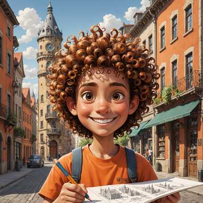Ein junger Mensch mit lockigem Haar und Sommersprossen lächelt breit und hält ein Skizzenbuch mit Architekturzeichnungen in den Händen. Er trägt ein orangefarbenes Hemd und einen Rucksack und steht auf einer Kopfsteinpflasterstraße, die von bunten, altmodischen Gebäuden gesäumt ist. Im Hintergrund erhebt sich ein hoher, verzierter Uhrenturm gegen einen blauen Himmel mit flauschigen Wolken. Die Szene ist lebhaft mit kleinen Geschäften, Menschen und einer vibrierenden Energie.