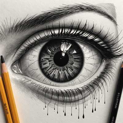 Das Bild zeigt eine realistische schwarz-weiße Zeichnung eines menschlichen Auges, das mit filigranen Details in der Iris und den Wimpern versehen ist. Das Auge wirkt durch den Glanz und das reflektierende Licht sehr ausdrucksstark. Die Wimpern werfen Schatten, während unter dem Auge ein Effekt zu sehen ist, der an herunterlaufende Tinte oder Mascara erinnert. Zwei Bleistifte flankieren das Motiv, einer auf jeder Seite, und unterstreichen so den künstlerischen Schaffensprozess. Die Komposition betont den Kontrast zwischen dem detailreichen Auge und den einfachen Werkzeugen.