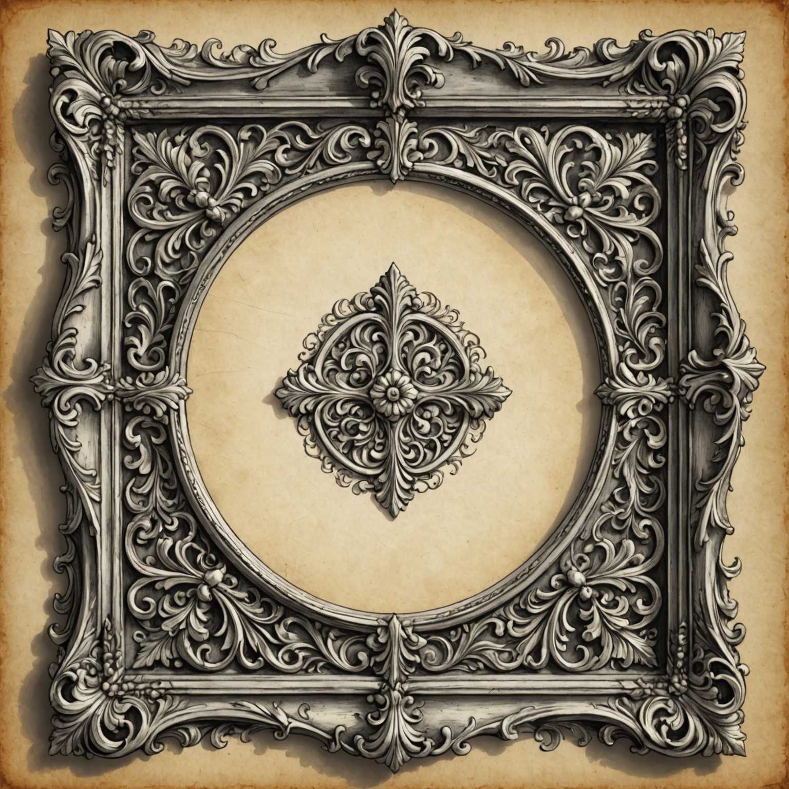 Das Bild zeigt einen kunstvoll gearbeiteten, quadratischen Rahmen mit einer kreisförmigen Öffnung, der mit aufwendigen floralen und blattförmigen Motiven in Graustufen verziert ist. Der Hintergrund weist eine strukturierte Pergamentoptik auf. Im Zentrum der kreisförmigen Öffnung befindet sich ein symmetrisches, dekoratives florales Emblem mit detailliertem Rollwerk. An jeder Ecke des Rahmens fügen prächtige, geschwungene Details eine harmonische und elegante Gestaltung hinzu.