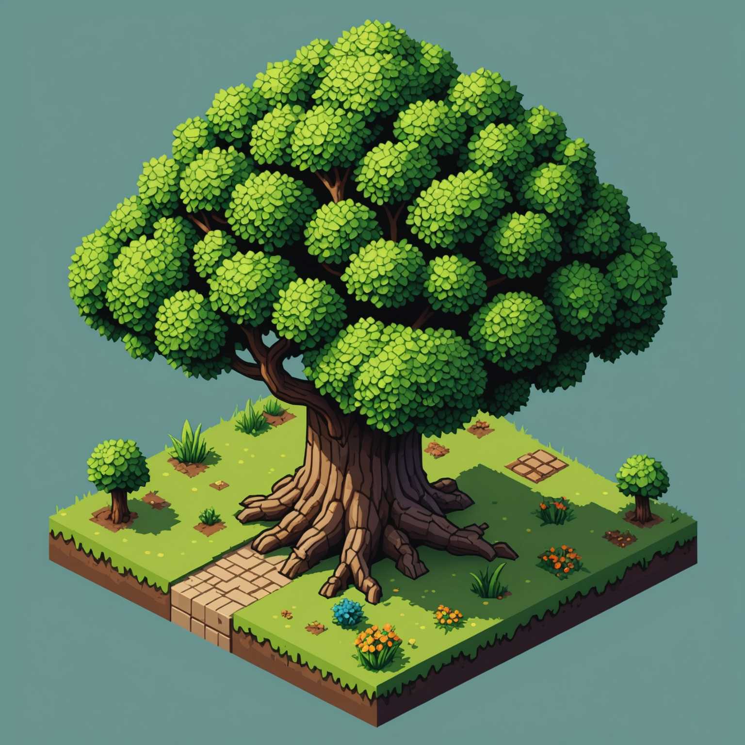 Der Baum oder ein anderes natürliches Element in der Spielumgebung ist detailliert gestaltet und zeigt feinste Pixel-Kunst. Das isometrische Design verleiht Tiefe und Textur und nutzt eine vielseitige und lebendige Farbpalette.