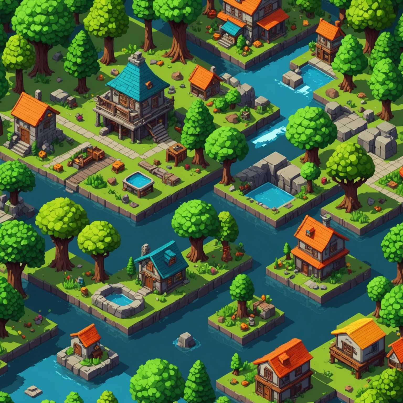 Eine Vielzahl von 2D-Pixel-Art-Umgebungsobjekten, darunter Bäume, Felsen und Gebäude, die alle mit einer lebendigen und detaillierten Retro-Gaming-Ästhetik gestaltet sind. Jedes Objekt ist sorgfältig gestaltet, mit besonderem Augenmerk auf Schattierung und Farbe, wodurch sie trotz der 2D-Darstellung einen dreidimensionalen Eindruck vermitteln.