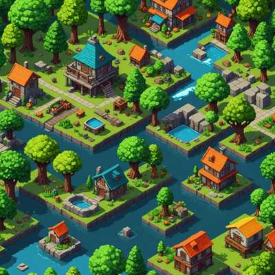 Eine Vielzahl von 2D-Pixel-Art-Umgebungsobjekten, darunter Bäume, Felsen und Gebäude, die alle mit einer lebendigen und detaillierten Retro-Gaming-Ästhetik gestaltet sind. Jedes Objekt ist sorgfältig gestaltet, mit besonderem Augenmerk auf Schattierung und Farbe, wodurch sie trotz der 2D-Darstellung einen dreidimensionalen Eindruck vermitteln.