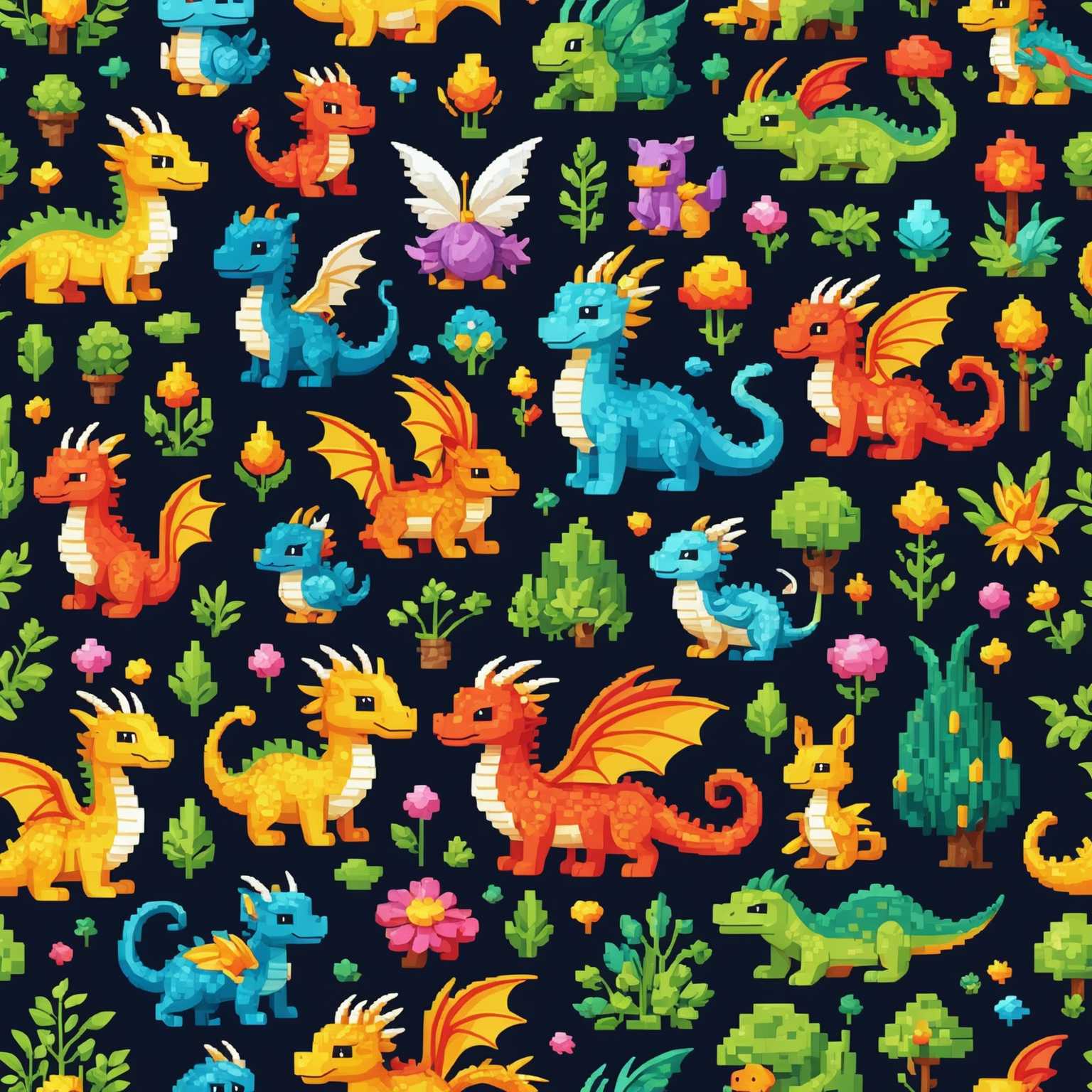 Dieses Bild zeigt charmante, mythische Kreaturen wie Feen, Drachen und verzauberte Tiere, die in einem spielerischen 2D-Pixelkunststil dargestellt sind. Die Pixelkunst verleiht den Kreaturen einen niedlichen und fantasievollen Charakter.