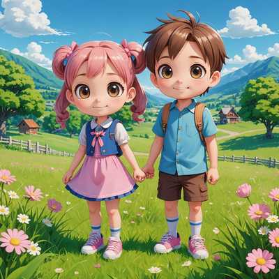 Eine farbenfrohe Szene zeigt zwei entzückende 3D-Chibi-Charaktere, die auf einer üppigen grünen Wiese stehen. Der erste Charakter ist ein kleiner Junge mit großen, runden Augen, der ein blaues Hemd, braune Shorts und weiße Sneaker trägt. Er hat kurzes, stacheliges braunes Haar und einen fröhlichen Ausdruck mit einem breiten Lächeln im Gesicht. Der zweite Charakter ist ein süßes Mädchen mit langen rosa Haaren, die zu zwei Zöpfen gebunden sind. Sie trägt ein rosa Kleid mit weißen Rüschen und rosa Schuhe. Sie hat große, funkelnde Augen und ein schelmisches Grinsen im Gesicht und hält einen kleinen Blumenstrauß. Der Hintergrund zeigt sanfte Hügel, lebhafte Blumen und einen strahlend blauen Himmel mit flauschigen weißen Wolken. Einige Schmetterlinge flattern herum und tragen zur skurrilen und freudigen Atmosphäre der Szene bei.