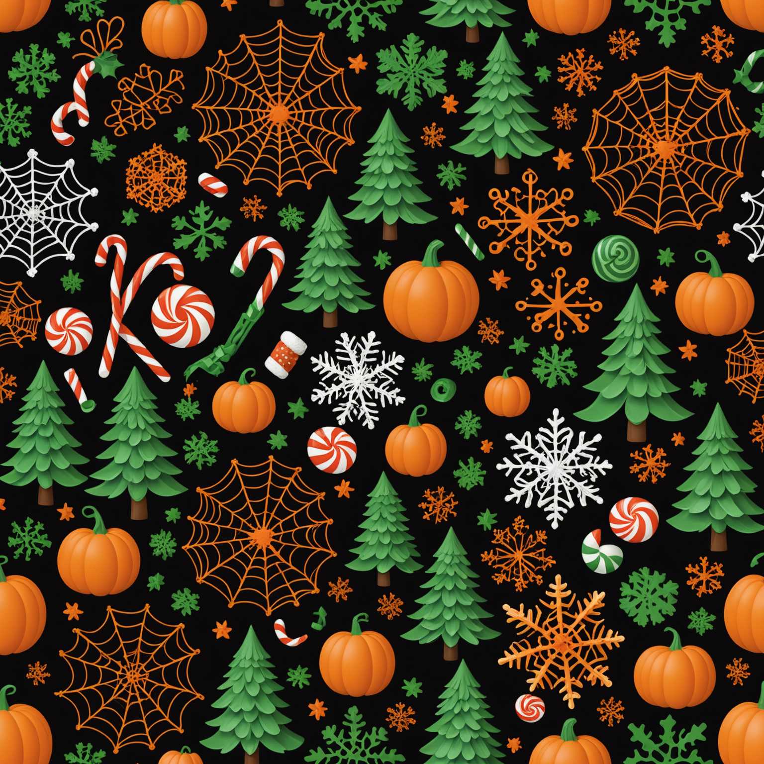 Ein 3D gerendertes Bild zeigt eine Mischung aus Weihnachten und Halloween Themenmustern. Die Muster beinhalten Elemente wie Schneeflocken, Weihnachtsbäume, Kürbisse, Fledermäuse, Zuckerstangen und Netze, die alle kunstvoll in einem einheitlichen Design verwoben sind. Die Textur wirkt realistisch mit einem Mix aus festlichen Farben wie Rot, Grün, Orange und Schwarz. Das Gesamtdesign ist sowohl skurril als auch festlich und feiert beide Feiertage in einer nahtlosen Mischung.