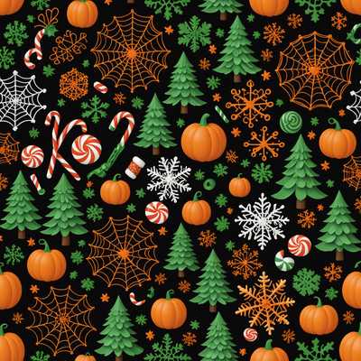 Ein 3D gerendertes Bild zeigt eine Mischung aus Weihnachten und Halloween Themenmustern. Die Muster beinhalten Elemente wie Schneeflocken, Weihnachtsbäume, Kürbisse, Fledermäuse, Zuckerstangen und Netze, die alle kunstvoll in einem einheitlichen Design verwoben sind. Die Textur wirkt realistisch mit einem Mix aus festlichen Farben wie Rot, Grün, Orange und Schwarz. Das Gesamtdesign ist sowohl skurril als auch festlich und feiert beide Feiertage in einer nahtlosen Mischung.