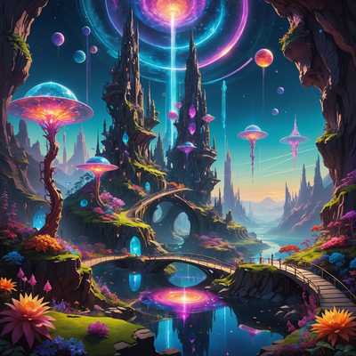 In diesem Bild sehe ich eine surreale, fantastische Landschaft, die mit gewundenen, neonbeleuchteten Pfaden, anderen weltlichen Pflanzen und schwebenden geometrischen Formen gefüllt ist. Riesige Kristallformationen leuchten in verschiedenen lebendigen Farben und spiegeln sich auf einem glänzenden, schillernden Gelände. Der Himmel ist ein faszinierender Wirbel aus Galaxien und Nebeln, der ein ätherisches Licht über die gesamte Szene wirft. Schwebende Inseln und hängende Brücken durchziehen den Raum und schaffen eine labyrinthartige und traumhafte Atmosphäre. Der Gesamteindruck ist eine Mischung aus futuristischen und ätherischen Elementen, die eine lebendige und verzaubernde 3D-Traumlandschaft schaffen.