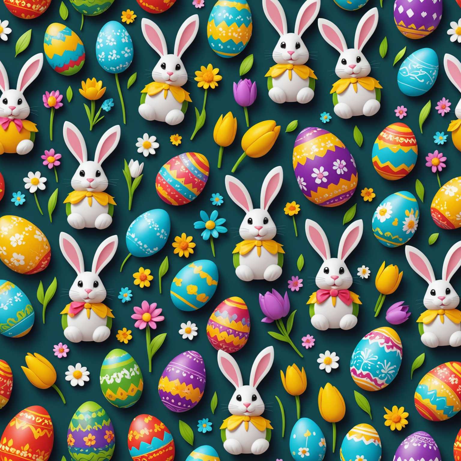 Ein lebendiges 3D nahtloses Muster mit einem Osterthema. Das Muster besteht aus bunten Ostereiern, Hasen und Frühlingsblumen, die in einem sich wiederholenden Layout angeordnet sind. Die Ostereier sind kunstvoll mit verschiedenen Designs und leuchtenden Farben dekoriert. Die Hasen sind animiert, einige mit spielerischen Ausdrücken und andere, die Eier oder Blumen halten. Die Frühlingsblumen, wie Tulpen und Gänseblümchen, verleihen mit ihren lebendigen Farben eine fröhliche Note. Das gesamte Muster hat eine festliche und lebhafte Atmosphäre, perfekt für die Feier der Feiertage.