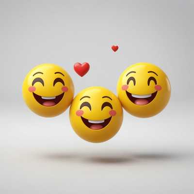 Zwei 3D-Emojis schweben in einem weißen Raum. Das erste Emoji ist ein lächelndes gelbes Gesicht mit offenen Augen, hochgezogenen Augenbrauen und einem breiten Grinsen, das die Zähne zeigt. Das zweite Emoji ist ein gelbes Gesicht mit herzförmigen Augen und einem breiten Lächeln. Beide Emojis haben eine glatte, glänzende Textur und werfen weiche Schatten darunter.