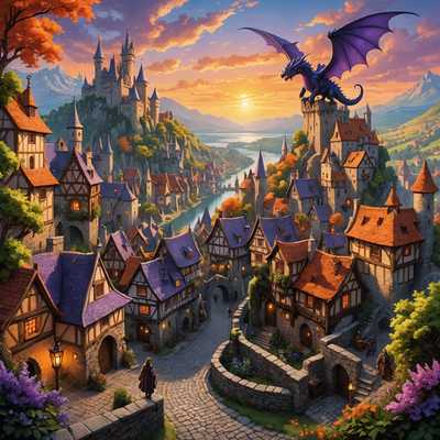 Eine lebendige Fantasielandschaft mit einer weitläufigen mittelalterlichen Stadt mit Kopfsteinpflasterstraßen, hoch aufragenden Burgen und malerischen Häusern mit Strohdächern. Drachen fliegen durch einen Himmel, der während eines spektakulären Sonnenuntergangs in Orange- und Violetttönen gemalt ist. Detaillierte Charaktere in mittelalterlicher Kleidung wandern durch die Straßen, interagieren und sind voller Aktivitäten. Verzauberte Wälder und mystische Berge dienen als Hintergrund, komplett mit magisch leuchtenden Pflanzen und Kreaturen. Die gesamte Szene ist in warmes, goldenes Licht getaucht, was der Umgebung eine ätherische Qualität verleiht.