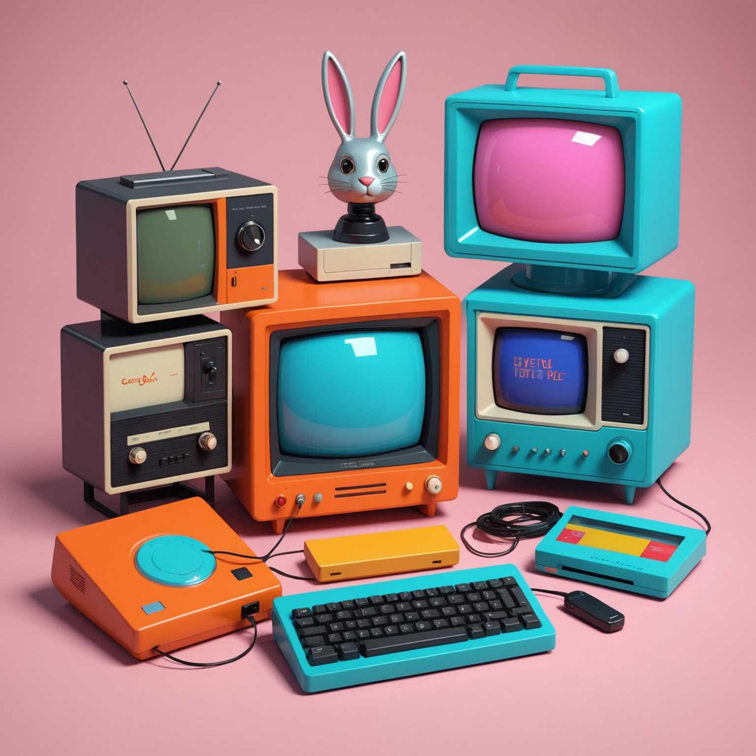 Das Bild zeigt eine Sammlung von 3D-gerenderten Retro-Symbolen. Es gibt verschiedene Objekte wie einen Vintage-Computer mit CRT-Monitor, einen altmodischen Joystick, eine Diskette, einen Retro-Fernseher mit Hasenohren-Antenne, ein klassisches Telefon mit Wählscheibe und eine Kassette. Diese Objekte haben eine lebendige Farbpalette und sind so gestaltet, dass sie ein Gefühl der Nostalgie für vergangene Technologie hervorrufen. Die Symbole sind detailliert mit Schatten und Highlights, was ihnen ein realistisches und greifbares Aussehen verleiht.