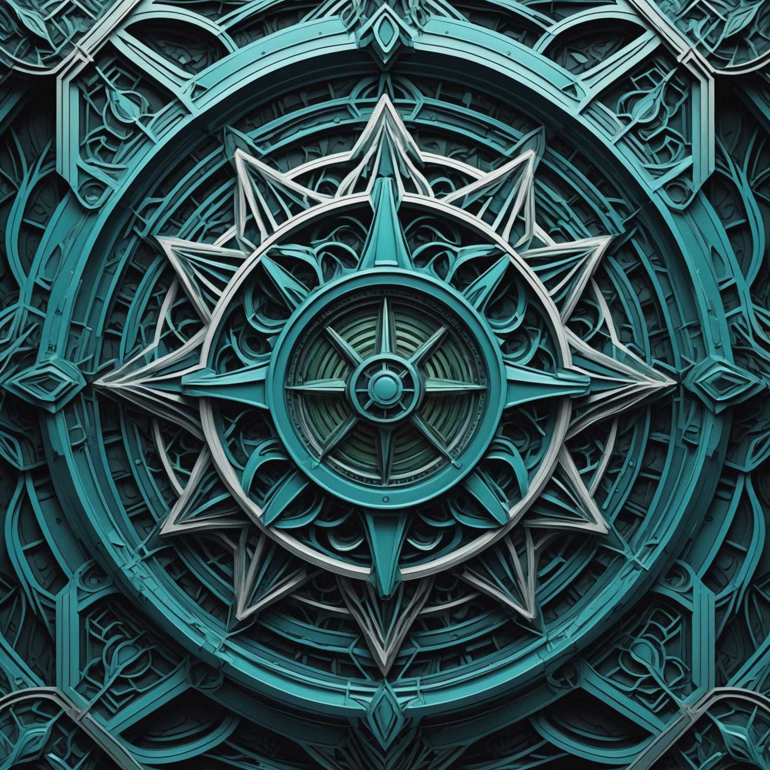 Das Bild zeigt ein komplexes 3D-Muster, das aus sich verschlingenden geometrischen Formen und abstrakten Elementen besteht. Das Design ist detailliert ausgearbeitet und enthält wiederkehrende Motive, die ein Gefühl von Tiefe und Dimension erzeugen. Die Farbpalette umfasst verschiedene Blau-, Grün- und Metallic-Töne, was dem Bild ein futuristisches und surreales Aussehen verleiht. Die Komposition wirkt symmetrisch, mit bestimmten Bereichen, die schwach leuchten, was die Tiefe und das Gefühl von verborgenen Dimensionen innerhalb des Musters verstärkt.