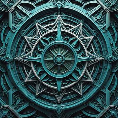 Das Bild zeigt ein komplexes 3D-Muster, das aus sich verschlingenden geometrischen Formen und abstrakten Elementen besteht. Das Design ist detailliert ausgearbeitet und enthält wiederkehrende Motive, die ein Gefühl von Tiefe und Dimension erzeugen. Die Farbpalette umfasst verschiedene Blau-, Grün- und Metallic-Töne, was dem Bild ein futuristisches und surreales Aussehen verleiht. Die Komposition wirkt symmetrisch, mit bestimmten Bereichen, die schwach leuchten, was die Tiefe und das Gefühl von verborgenen Dimensionen innerhalb des Musters verstärkt.