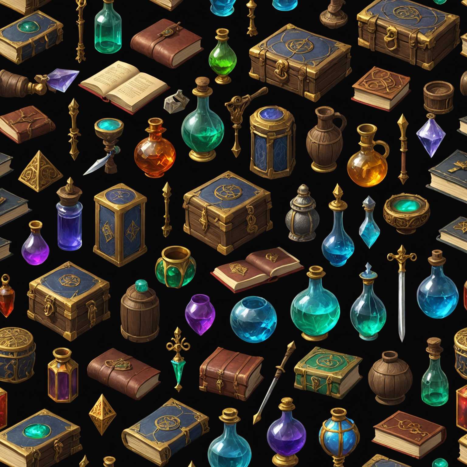 Die Darstellung zeigt eine Sammlung detaillierter 3D-gerenderter Objekte, die häufig in Fantasy-Rollenspielen (RPG) vorkommen. Diese Objekte umfassen magische Tränke mit leuchtenden Flüssigkeiten in verschiedenen Farben, antik aussehende Bücher mit verzierten Einbänden, verzauberte Waffen wie Schwerter und Stäbe mit komplizierten Designs, Schatztruhen gefüllt mit Gold und Juwelen, mystische Artefakte wie Amulette und Ringe sowie andere fantasievolle Gegenstände wie Schriftrollen mit Runeninschriften, Schilde mit Emblemen und verschiedene Rüstungsteile. Die Objekte sind ordentlich angeordnet und zeigen ihre Texturen und Details deutlich. Die gesamte Atmosphäre deutet auf ein fantastisches und abenteuerliches Setting hin, das darauf abzielt, ein Spiel mit einem Hauch mystischen Hintergrunds zu bereichern.