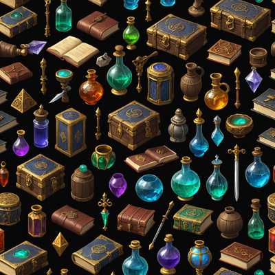 Die Darstellung zeigt eine Sammlung detaillierter 3D-gerenderter Objekte, die häufig in Fantasy-Rollenspielen (RPG) vorkommen. Diese Objekte umfassen magische Tränke mit leuchtenden Flüssigkeiten in verschiedenen Farben, antik aussehende Bücher mit verzierten Einbänden, verzauberte Waffen wie Schwerter und Stäbe mit komplizierten Designs, Schatztruhen gefüllt mit Gold und Juwelen, mystische Artefakte wie Amulette und Ringe sowie andere fantasievolle Gegenstände wie Schriftrollen mit Runeninschriften, Schilde mit Emblemen und verschiedene Rüstungsteile. Die Objekte sind ordentlich angeordnet und zeigen ihre Texturen und Details deutlich. Die gesamte Atmosphäre deutet auf ein fantastisches und abenteuerliches Setting hin, das darauf abzielt, ein Spiel mit einem Hauch mystischen Hintergrunds zu bereichern.