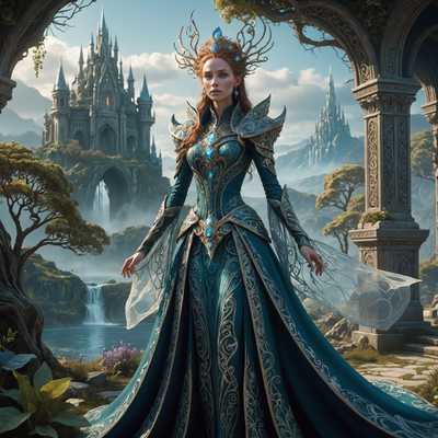 Ein hochdetaillierter, 3D-gerenderter Fantasy-Charakter mit einem aufwendigen Design. Der Charakter hat verlängerte Gliedmaßen und eine ätherische Präsenz mit leuchtenden Merkmalen. Die Kleidung ist aufwendig und besteht aus fließenden Stoffen und verzierten Accessoires, die das fantastische Erscheinungsbild unterstreichen. Der Hintergrund ist eine surreale Landschaft mit mystischen Elementen, die zur anderenweltlichen Atmosphäre beitragen. Der Gesichtsausdruck des Charakters ist rätselhaft, und seine Haltung strahlt Anmut und Kraft aus.