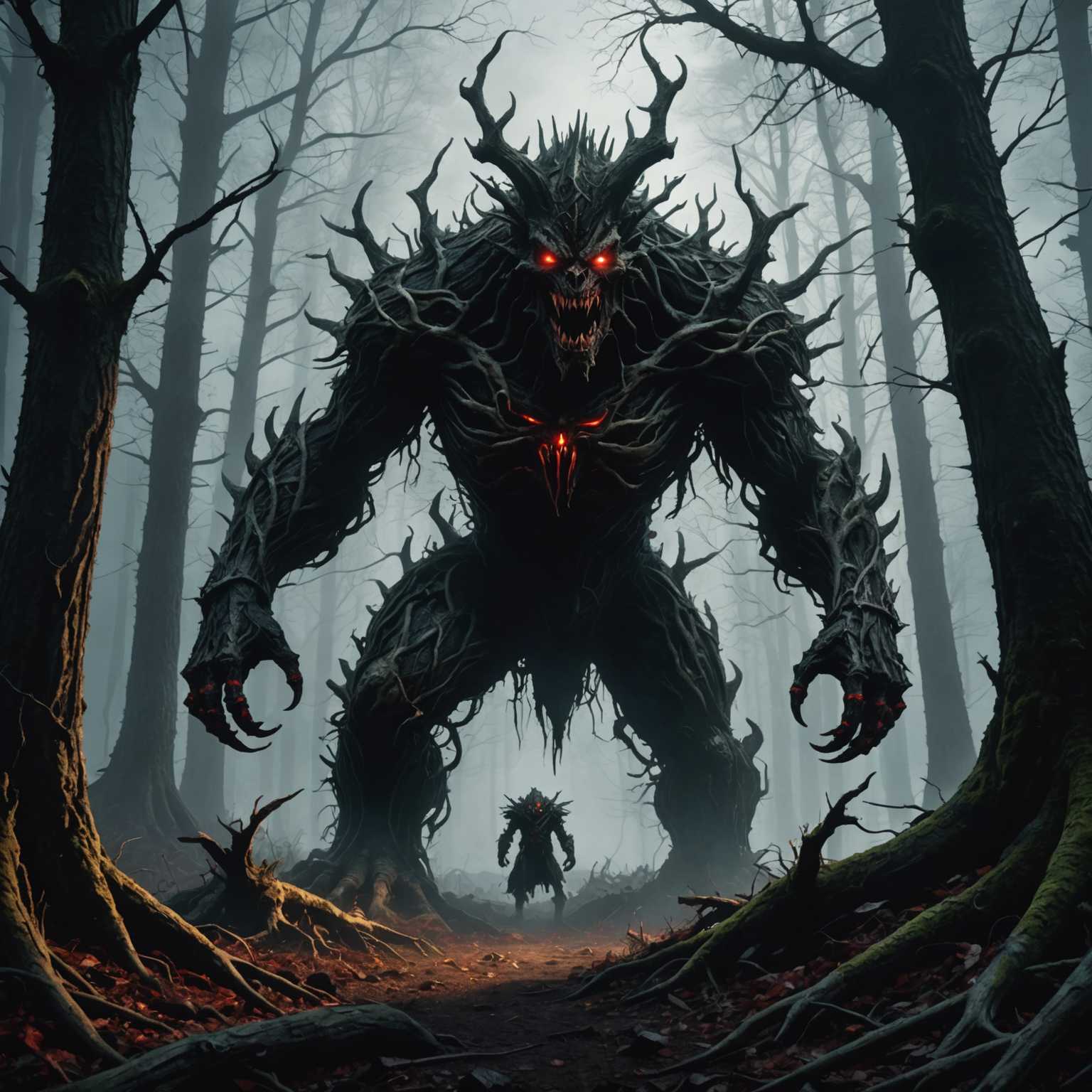 Ein dunkler, unheimlicher Wald mit hoch aufragenden, verdrehten Bäumen und dichtem Nebel. Schatten bewegen sich bedrohlich zwischen den Stämmen. Im Vordergrund lauert ein bedrohliches, 3D-gerendertes Monster mit leuchtend roten Augen, gezackten Zähnen und stacheliger, gepanzerter Haut. Der Boden ist übersät mit knorrigen Wurzeln und Skelettresten, und die Atmosphäre wird von einem düsteren, schwachblauen bis grünlichen Licht beleuchtet, das das Gefühl von Angst verstärkt. Es herrscht eine unheilvolle Gefahr und ein übernatürliches Gefühl, das an die dunklen Fantasy-Filme der 80er Jahre erinnert, mit detaillierten Texturen und atmosphärischer Tiefe.