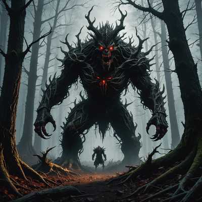 Ein dunkler, unheimlicher Wald mit hoch aufragenden, verdrehten Bäumen und dichtem Nebel. Schatten bewegen sich bedrohlich zwischen den Stämmen. Im Vordergrund lauert ein bedrohliches, 3D-gerendertes Monster mit leuchtend roten Augen, gezackten Zähnen und stacheliger, gepanzerter Haut. Der Boden ist übersät mit knorrigen Wurzeln und Skelettresten, und die Atmosphäre wird von einem düsteren, schwachblauen bis grünlichen Licht beleuchtet, das das Gefühl von Angst verstärkt. Es herrscht eine unheilvolle Gefahr und ein übernatürliches Gefühl, das an die dunklen Fantasy-Filme der 80er Jahre erinnert, mit detaillierten Texturen und atmosphärischer Tiefe.
