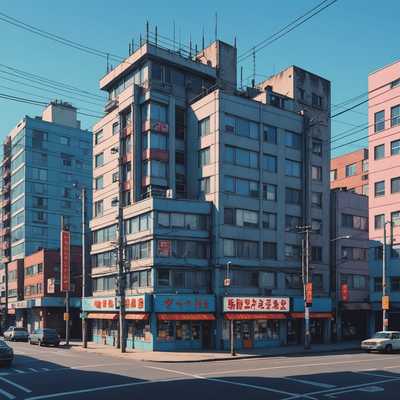 Das Bild zeigt eine im Anime-Stil der 90er Jahre gestaltete Stadtszene mit retro Gebäuden. Die Architektur umfasst Elemente des städtischen Designs aus dem späten 20. Jahrhundert, mit einer Mischung aus Wohn- und Geschäftsgebäuden. Die Strukturen haben Flachdächer, große Fenster und einige Neonlichter. Die Illustration verwendet lebendige Farben und hat eine leicht körnige Textur, die ein nostalgisches, handgezeichnetes Gefühl vermittelt. Elektrische Masten und Drähte überqueren die Straßen und verleihen der Szene eine urbane Atmosphäre. In der Skyline sind einige höhere Gebäude und einige mittelgroße Wohnungen mit Balkonen zu sehen. Der Hintergrund zeigt einen klaren blauen Himmel, und die gesamte Szene ist in weiches, warmes Licht getaucht.