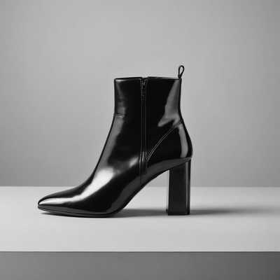 Ein minimalistisches Foto, das einen eleganten Lederstiefel auf einem monochromatischen Hintergrund zeigt. Der Stiefel hat ein glänzendes Finish, detaillierte Nähte und einen moderaten Absatz. Weiches Licht betont die Textur und Handwerkskunst des Produkts. Der Gesamtstil vermittelt moderne Eleganz und hohe Mode.