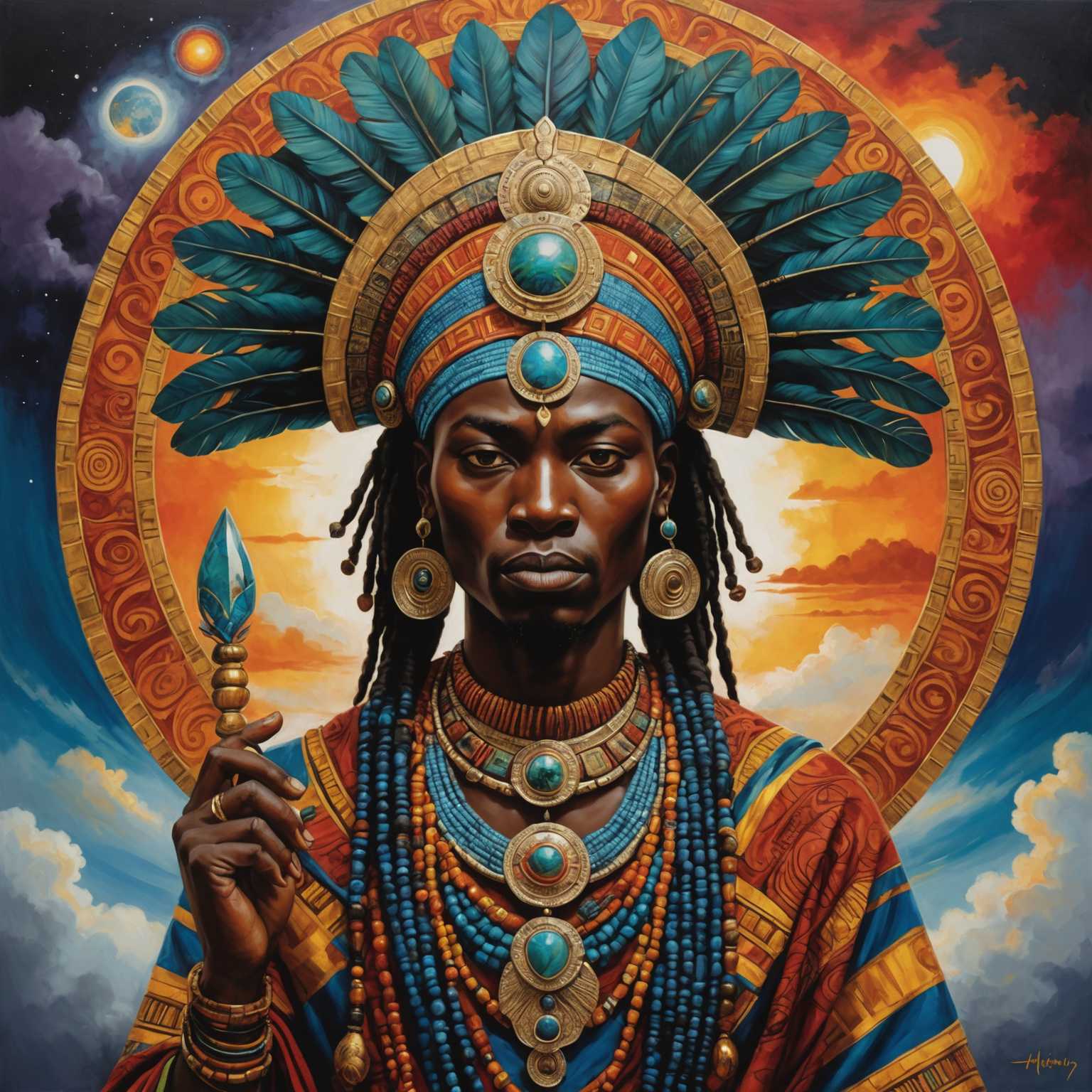 Das Bild zeigt eine ätherische und majestätische Darstellung afrikanischer Gottheiten, sowohl männlich als auch weiblich. Sie sind in traditionelle Zeremonialkleidung gehüllt, einschließlich kunstvoller Schmuckstücke, aufwendiger Kopfbedeckungen und reich verzierter Stoffe, die ihren göttlichen Status symbolisieren. Der Hintergrund ist gefüllt mit lebendigen und mystischen Elementen wie wirbelnden Wolken, himmlischen Lichtern und heiligen Symbolen. Das gesamte Gemälde strahlt eine kraftvolle und andere Weltlichkeit aus, mit warmen, satten Farben und detaillierten Pinselstrichen, die die Majestät und Anmut der Götter und Göttinnen betonen. Der Gesichtsausdruck jeder Gottheit ist ruhig, aber gebieterisch, was ihre Weisheit und Autorität widerspiegelt.