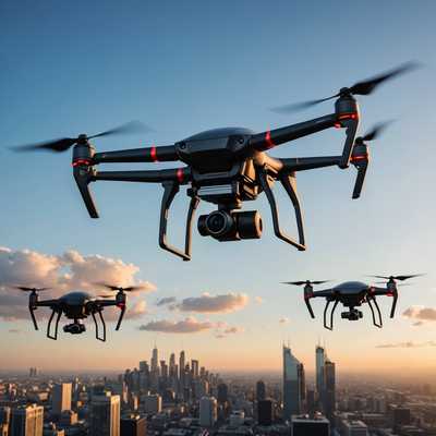 Drohen, die im Himmel fliegen und der Szene eine zusätzliche Ebene technologischen Fortschritts verleihen.