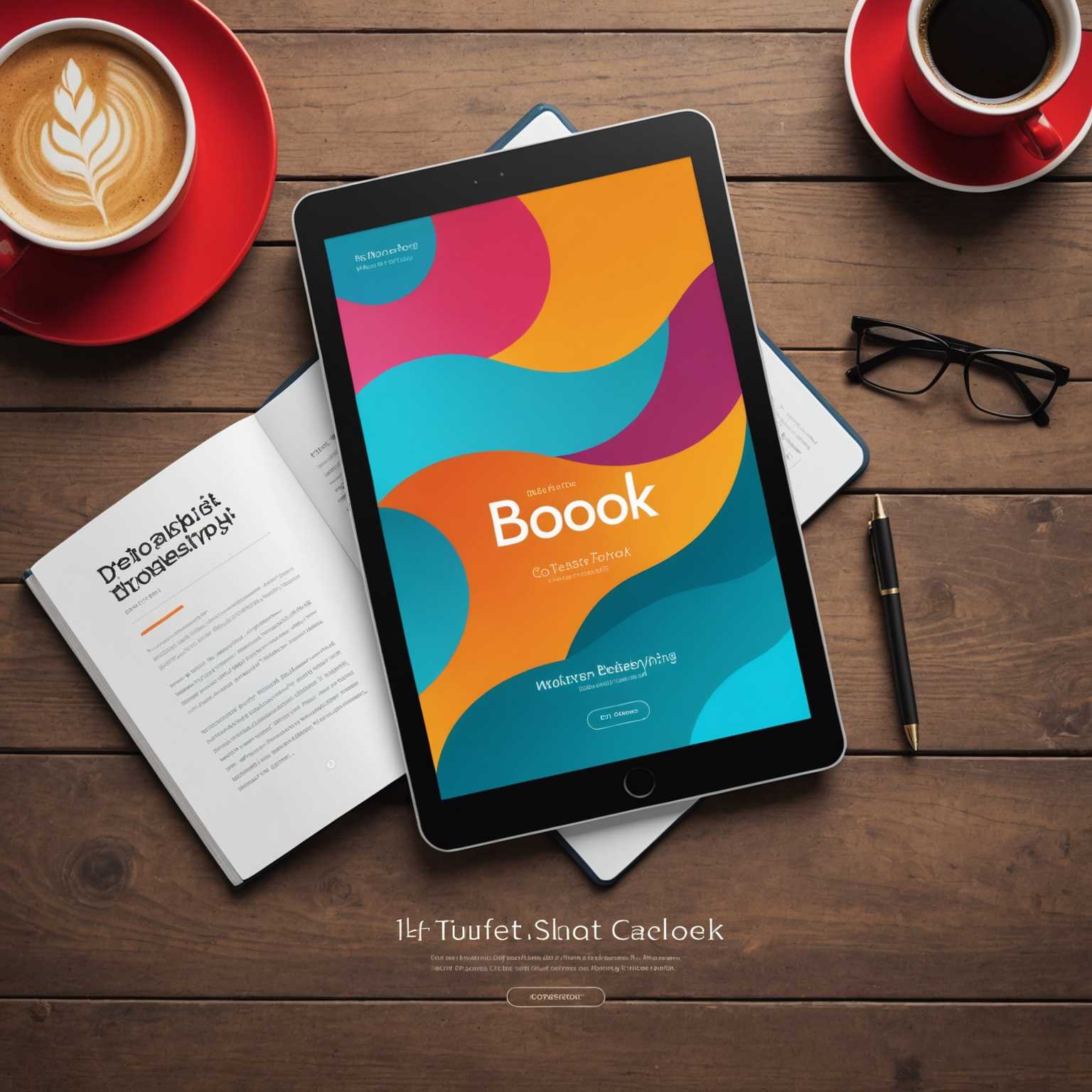 Das Bild zeigt ein professionelles Mockup für das Marketing von eBooks. Es zeigt ein digitales Tablet, das ein eBook-Cover anzeigt. Das Mockup hat ein stilvolles und sauberes Layout mit lebendigen Farben und gut gestalteten Illustrationen, die den Inhalt des eBooks hervorheben. Hintergrundtexturen und zusätzliche Grafiken verbessern die Gesamtpräsentation und vermitteln einen modernen, eleganten Look.