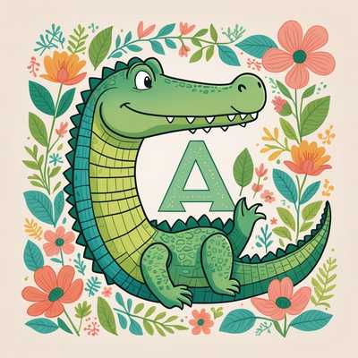 Ein verspielter, bunter Buchstabe "A", gefüllt mit einem niedlichen, handgezeichneten, lächelnden Alligator. Der Alligator ist lustig im Buchstaben angeordnet und detailreich mit charmantem Ausdruck und weichen Pastellfarben gezeichnet. Die Illustration strahlt einen fröhlichen Stil für das Kinderzimmer aus, ideal für das Kinderzimmer.