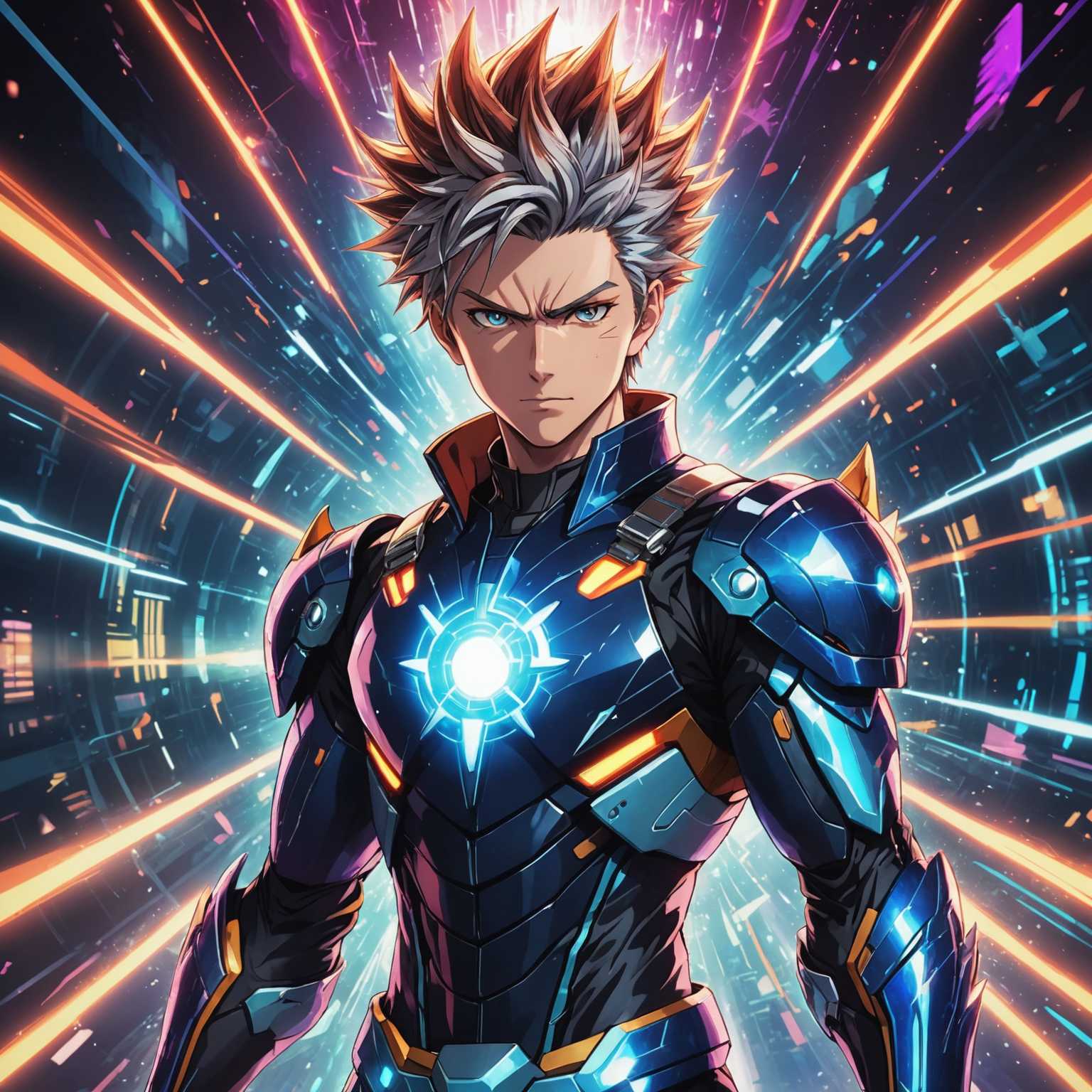 Eine dynamische Szene zeigt einen Anime-Charakter, der mitten im Freisetzen von Superkräften ist. Der Charakter steht im Zentrum des Bildes, umgeben von einer intensiven Aura aus heller Energie, die nach außen strahlt. Der Charakter hat scharfe, entschlossene Augen, mit einem wütenden Ausdruck, der ihre immense Konzentration und Kraft zeigt. Ihr Haar ist stachelig und zerzaust, was den Energieschub um sie herum einfängt. Sie trägt ein detailliertes Outfit, möglicherweise ein modernes oder futuristisches Kostüm mit komplexen Designs und leuchtenden Elementen. Der Hintergrund ist eine lebendige, wirbelnde Mischung aus Farben und Lichtern, die die explosive Natur der Kräfte des Charakters betont. Die Gesamtatmosphäre ist intensiv und energiegeladen, mit dramatischer Beleuchtung und dynamischen Posen, die das Gefühl von Aktion und Kraftfreisetzung verstärken.