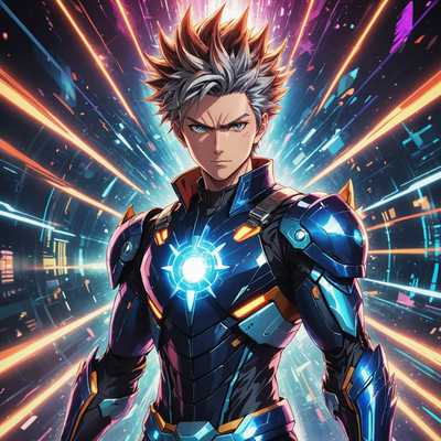 Eine dynamische Szene zeigt einen Anime-Charakter, der mitten im Freisetzen von Superkräften ist. Der Charakter steht im Zentrum des Bildes, umgeben von einer intensiven Aura aus heller Energie, die nach außen strahlt. Der Charakter hat scharfe, entschlossene Augen, mit einem wütenden Ausdruck, der ihre immense Konzentration und Kraft zeigt. Ihr Haar ist stachelig und zerzaust, was den Energieschub um sie herum einfängt. Sie trägt ein detailliertes Outfit, möglicherweise ein modernes oder futuristisches Kostüm mit komplexen Designs und leuchtenden Elementen. Der Hintergrund ist eine lebendige, wirbelnde Mischung aus Farben und Lichtern, die die explosive Natur der Kräfte des Charakters betont. Die Gesamtatmosphäre ist intensiv und energiegeladen, mit dramatischer Beleuchtung und dynamischen Posen, die das Gefühl von Aktion und Kraftfreisetzung verstärken.