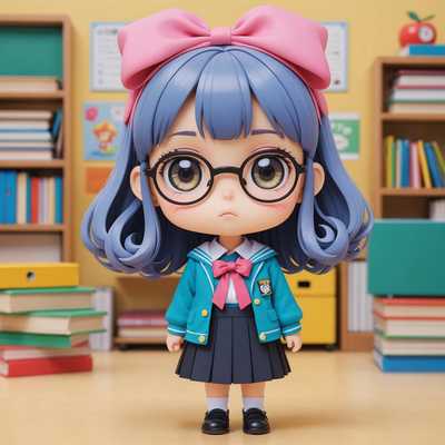 Diese Abbildung zeigt eine Chibi-Anime-Figur mit übertriebenen und ausdrucksstarken Merkmalen wie großen Augen, kleinem Mund und einem im Verhältnis zum Körper überdimensionalen Kopf. Die Figur trägt ein farbenfrohes Outfit, das typisch für die Anime-Mode ist, wie zum Beispiel eine Schuluniform, ein Kleid oder lässige Kleidung. Accessoires wie Schleifen, Hüte oder Brillen sind vorhanden. Der Hintergrund ist eine lebhafte, pastellfarbene Umgebung, möglicherweise ein Klassenzimmer oder ein Park, mit vielen niedlichen und verspielten Elementen wie Blumen, Herzen und Sternen, die verstreut sind. Die Figur wird mit Accessoires wie einem Hut oder einer Brille in einer spielerischen und dynamischen Pose dargestellt, die ein Gefühl von Energie und Spaß ausdrückt.