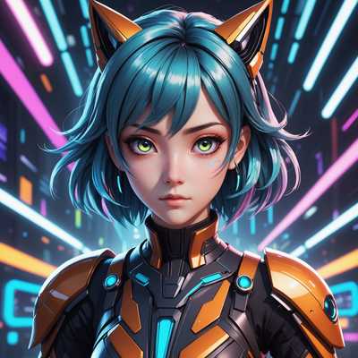Das Bild zeigt einen stilisierten, von Anime inspirierten Avatar mit futuristischen Elementen. Der Charakter hat große, ausdrucksstarke Augen, die typisch für Anime-Kunst sind, und sein Haar ist in einer lebendigen, möglicherweise unnatürlichen Farbe gestylt, die auf ein futuristisches Setting hinweist. Das Outfit enthält schlanke, hochmoderne Designelemente wie leuchtende Akzente, metallische Stoffe oder komplizierte Muster. Der Hintergrund weist abstrakte, Sci-Fi-Elemente wie neonbeleuchtete Lichter und digitale Gitter auf, die das futuristische Thema verstärken. Die Farbpalette kombiniert kräftige, helle Töne mit metallischen Akzenten, um ein Gefühl von fortschrittlicher Technologie und einer zukunftsorientierten Ästhetik zu erzeugen.